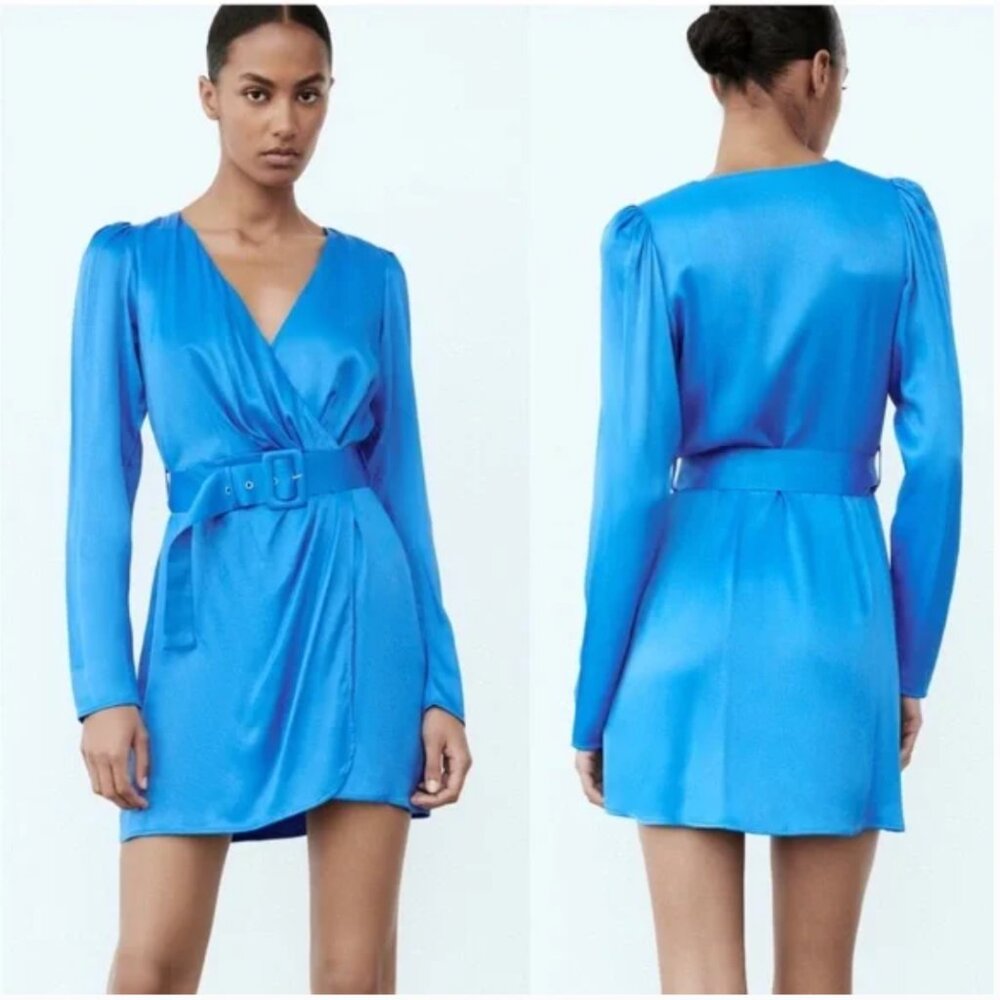 ZARA BELTED SATIN EFFECT DRESS BLUE